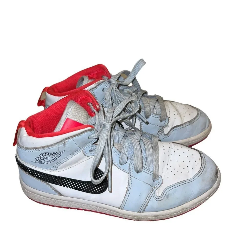 Nike Air Jordans blue and white leather with polka dot swish‎ size 3Y